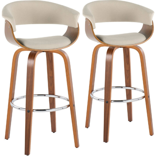 Vintage Mod 30" Swivel Bar Stool in Walnut Wood & Cream Fabric with Chrome Footrest (Set of 2)